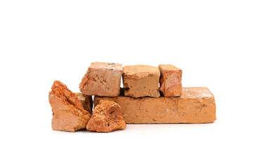 Solid clay bricks used for construction,Old red brick isolated on white background. Shattered bricks isolated.