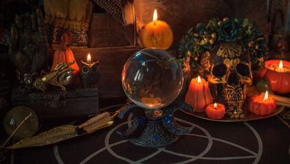 Halloween altar details, spooky wax candles in mystery atmosphere