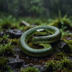 Obraz premium A green snake coiled on mossy rocks in a lush rainforest setting, with rain falling in the background.