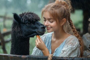 Two children playing at the zoo. Two girls with their little sister feeding alpacas at the reserve.