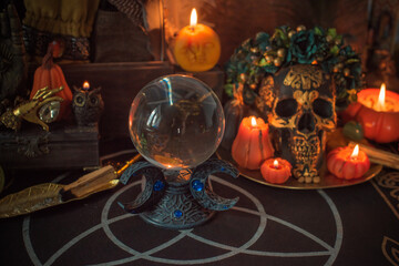 Halloween altar details, spooky wax candles in mystery atmosphere