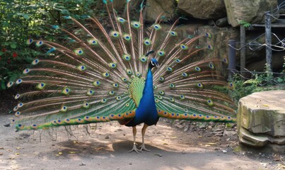 Obraz premium Beautiful peacock displaying feathers, 4K hyperrealistic photo
