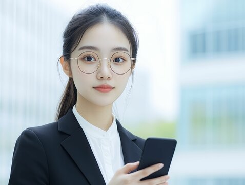 Confident Businesswoman in Suit and Glasses Engaged in Conversation on Smartphone, Surrounded by Digital Elements Reflecting Modern Professionalism and Connectivity