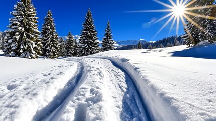 Snowy Mountain Path with Sun Rays and Fir Trees