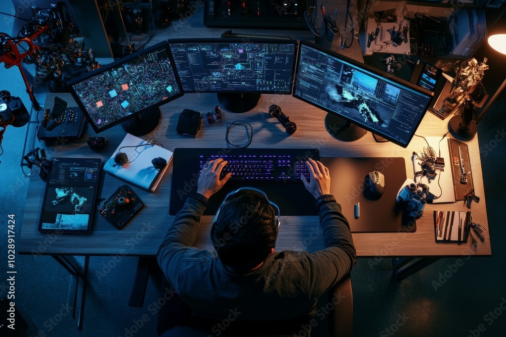 Poster The top view shows a software developer writing code with a computer and VR systems while in the office using a computer and VR systems
