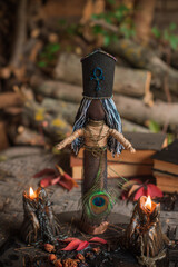 Halloween altar details, spooky wax candles in mystery atmosphere
