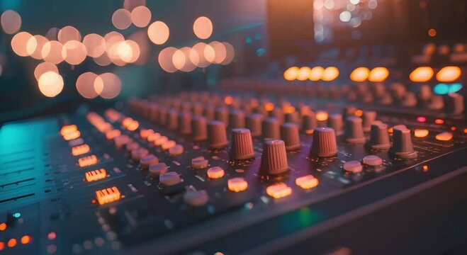 Closeup of an Audio Mixer with Knobs and Faders in a Music Studio