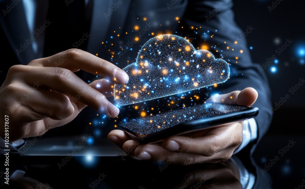 Poster Using a laptop with technology cloud computing for transmissions, databases, and data storage. Networking and internet services. Concept of a futuristic business network.