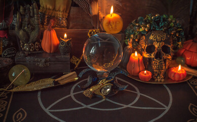 Halloween altar details, spooky wax candles in mystery atmosphere