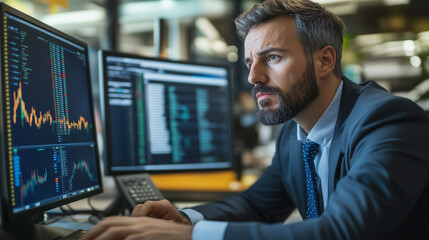 Bond traders managing risk with AI-driven predictions of bond market returns and interest rates on a futuristic trading platform