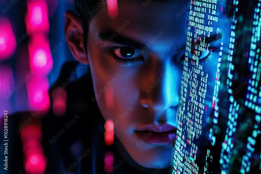 Poster Focus on a man, coder, and technician with research, holography, and coding, in a futuristic cyber space.