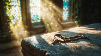 An empty scene featuring an antique rosary draped over a simple altar stone, softly lit by morning light filtering through stained glass windows,