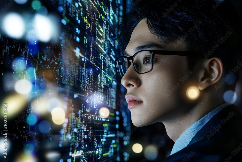 Poster Programmer in glasses or screen reflection with data analysis, coding hologram, html or software overlay at night. Programmer in glasses or screen reflection with cybersecurity research data.
