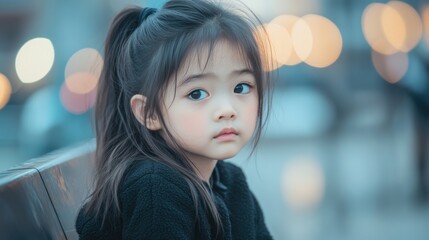 Stock minimalist photograph of a sad young girl with Asian features, sitting on a bench, looking away with a downcast expression, surrounded by softly blurred urban background