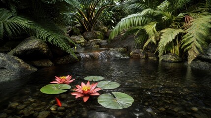 A serene pond with a small waterfall and lily pads. Lush greenery and rocks surround the water.