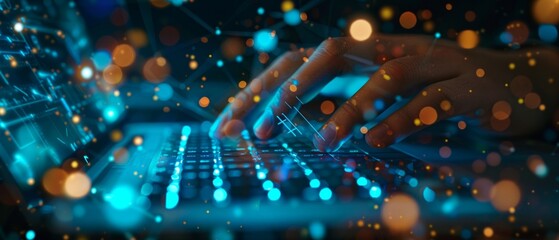 Obraz premium Image shows person typing on laptop keyboard against dark blue-grey background with colorful bokeh lights, giving modern and innovative vibe.