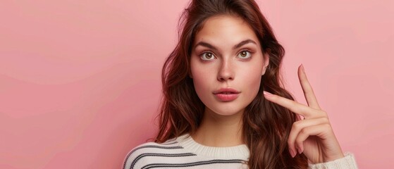 Fototapeta premium A confident young woman with brown hair in a striped white sweater poses against a pink backdrop, making a peace sign, exuding positivity.