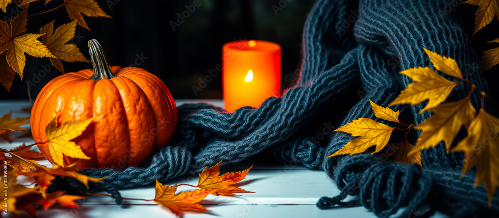 Wall mural pumpkin with fall leaves a lit candle