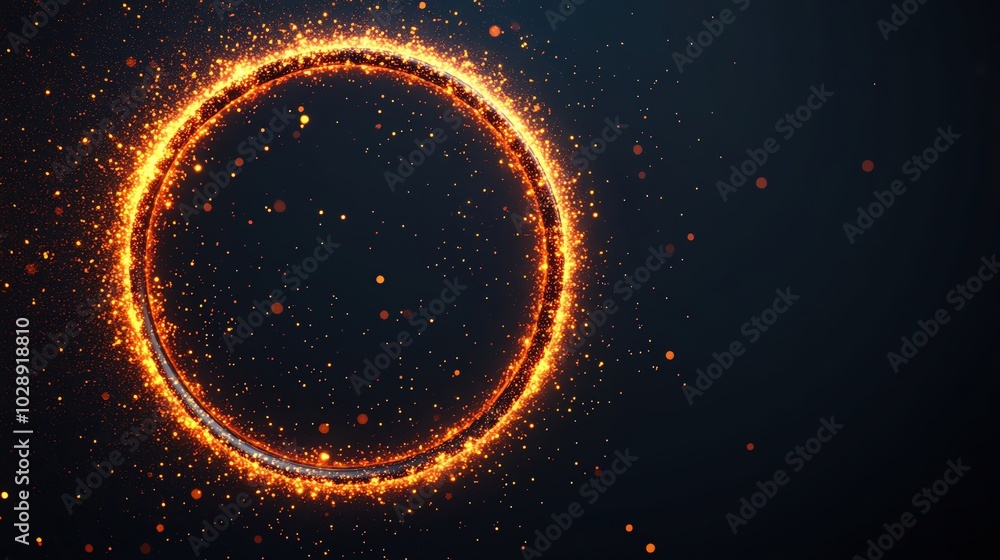 Poster illuminated circular pattern with glowing particles on a dark background.
