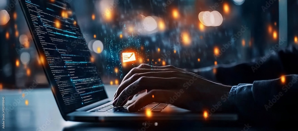 Poster An example of cyber crime and cyber security. Hand holding laptop and showing malware screen with phishing email, hacking passwords, and encrypting spyware.