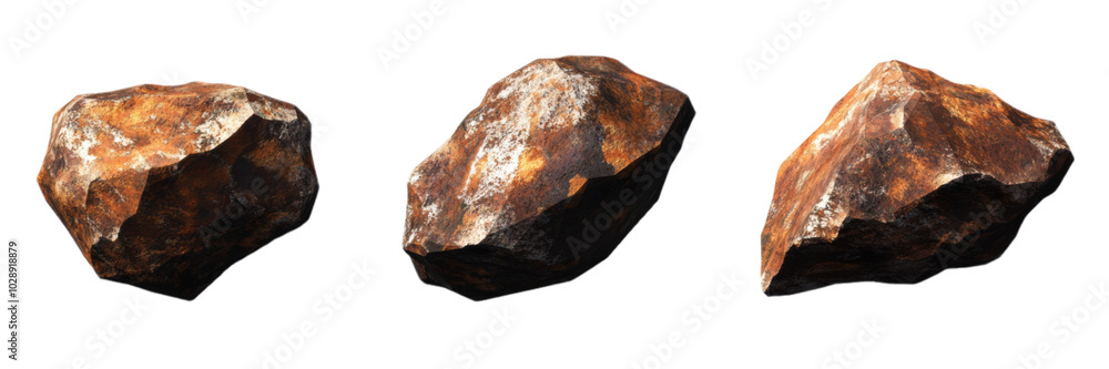 Poster three rusty stones isolated transparent background geology nature texture 3d rendering