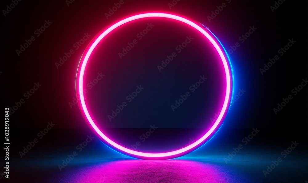 Poster The picture frame is a round circle with two tone neon color shades moving on an isolated black background, with a pink and blue light moving for the overlay.