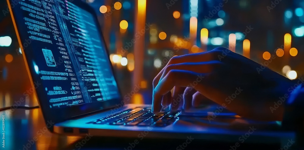 Poster An expert in digital technology and data science programming on a laptop for managing and controlling data exchange through Stock.