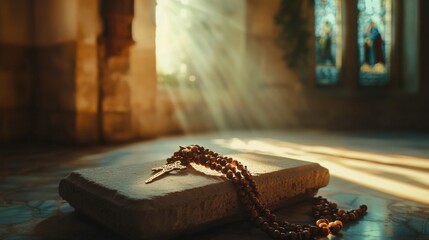 An empty scene featuring an antique rosary draped over a simple altar stone, softly lit by morning light filtering through stained glass windows,