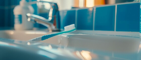 Close-up of blue toothbrush on white sink in bathroom against blue tiled wall. Reflection shows faucet and blurred bottle in background.