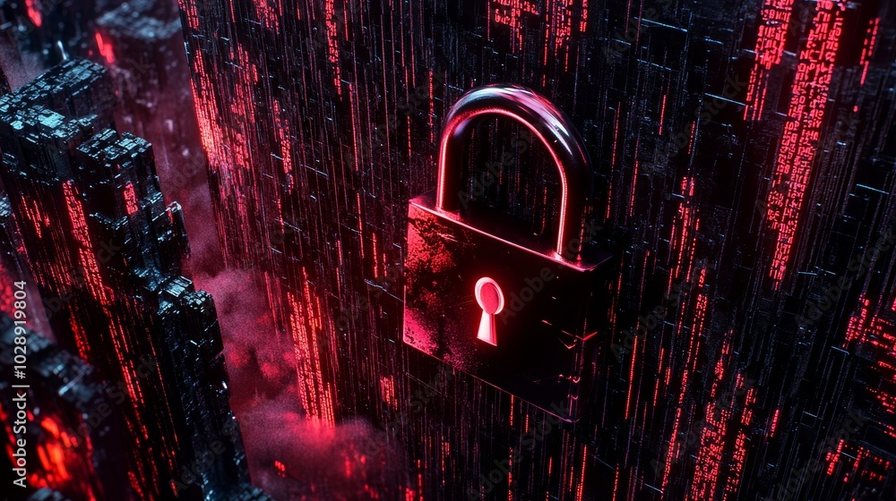 Aufkleber Concept of secure software development, code and padlock on computer screen, blurred background