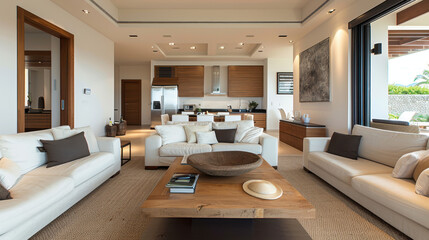 Fototapeta premium sleek modern living room featuring neutral colors, stylish furniture, and warm atmosphere. open space invites relaxation and comfort, perfect for gatherings