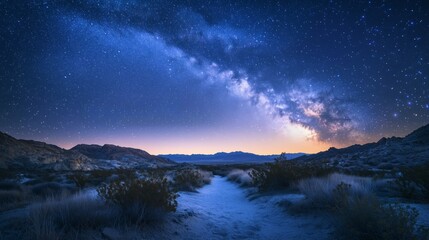 Starry Night Sky Over Desert Landscape