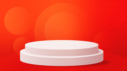 Red bokeh circles background. Realistic white cylinder pedestal podium. Bokeh. vector rendering geometric forms design. minimal scene. production stage showcase, mockup product display.