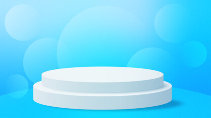 Blue bokeh circles background. Realistic white cylinder pedestal podium. vector rendering geometric forms design. minimal scene. production stage showcase, mockup product display.