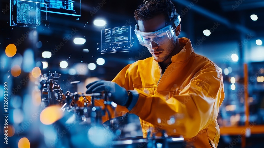 Aufkleber the industrial engineer in hard hat is using futuristic holographic display technology to manage man
