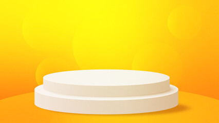Yellow bokeh circles background. Realistic white cylinder pedestal podium. vector rendering geometric forms design. minimal scene. production stage showcase, mockup product display.