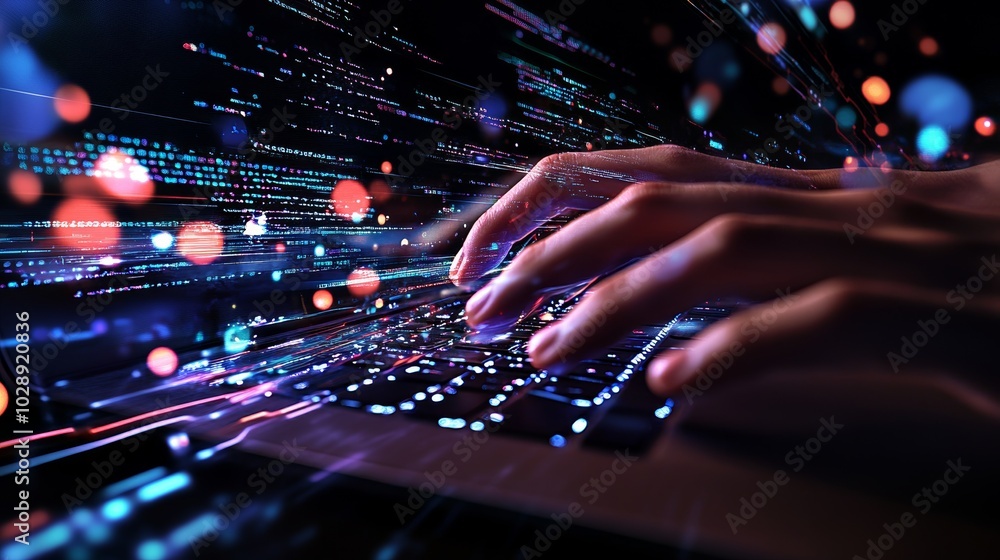 Poster Image of a hand of a software engineer working on a laptop with a circuit board.