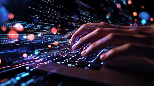 Image of a hand of a software engineer working on a laptop with a circuit board.
