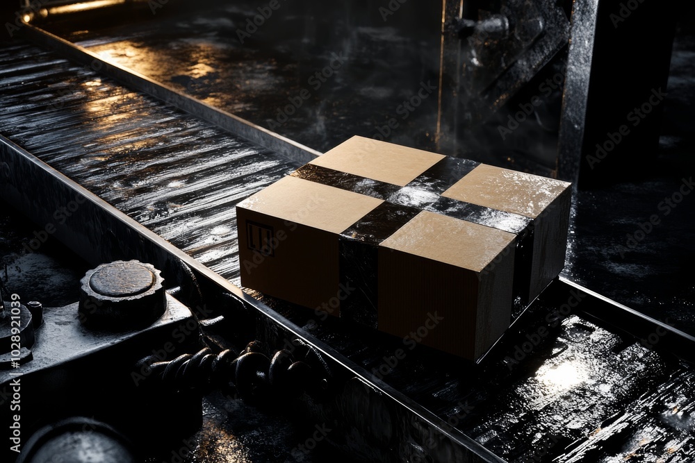 Poster the package is on the conveyor curve in the distribution warehouse