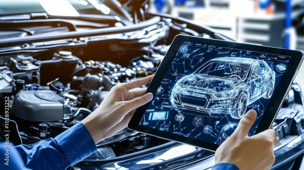 Poster car service managers or mechanics use a tablet computer equipped with interactive diagnostic softwar