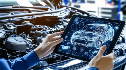 Car service managers or mechanics use a tablet computer equipped with interactive diagnostic software to inspect the engine bay for broken components...