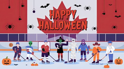 Happy Halloween Canada Hockey Party with costumes wallpaper  background flag 3d render illustration