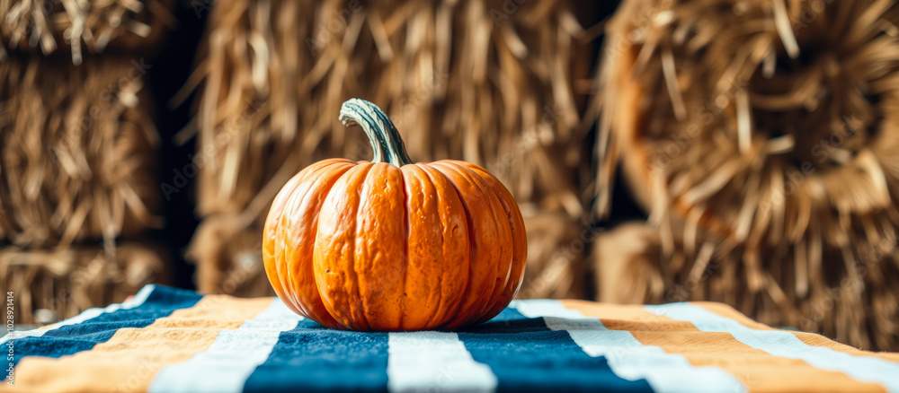 Sticker single pumpkin on a striped cloth