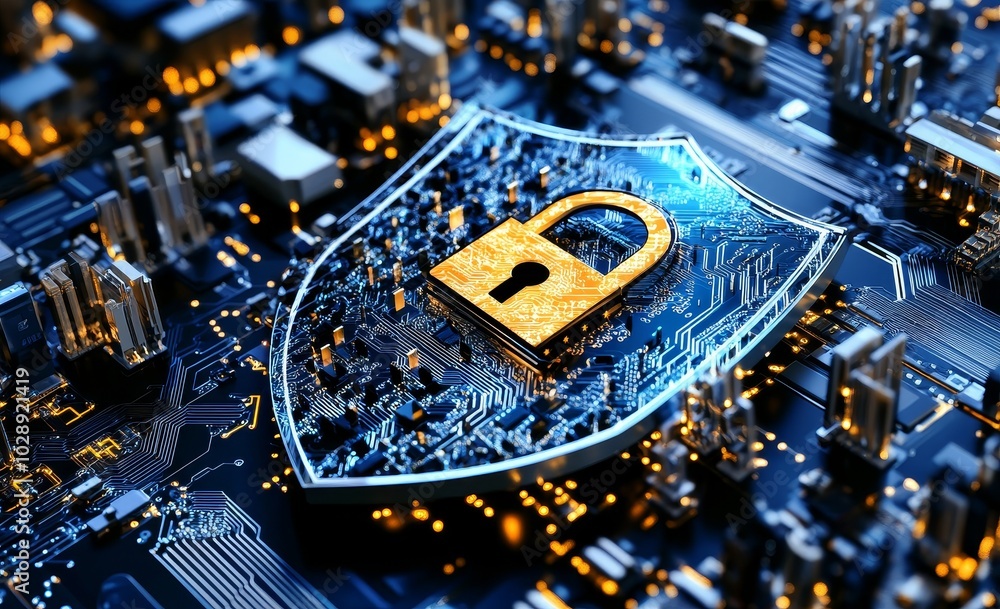 Poster In order to ensure cybersecurity, 3D shielding and locks for digital transformation are implemented on the network. Antivirus and encryption are applied to the grid. Information technology, software,