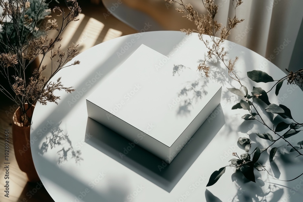Poster mockup of a square thin box with lid isolated on white.