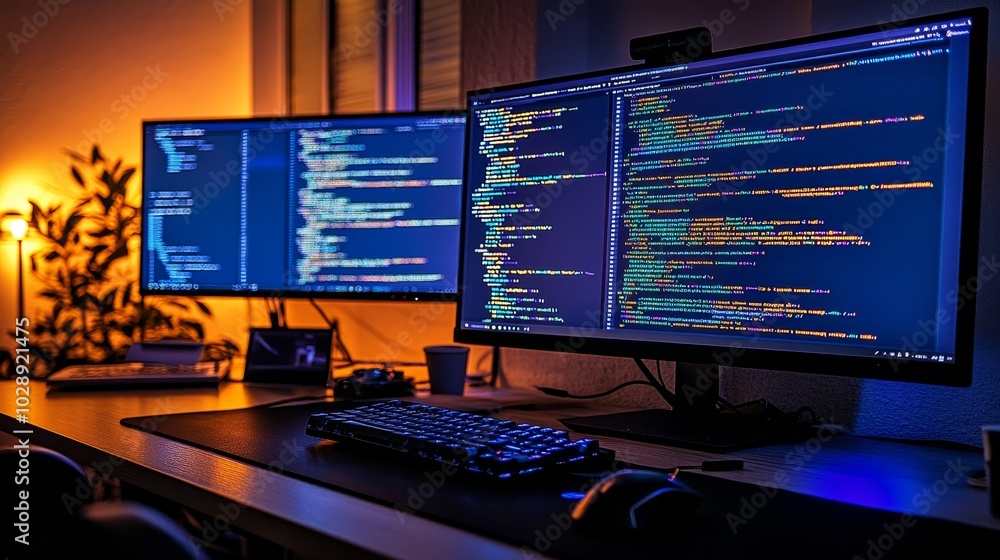 Poster A computer monitor is shown with a close-up view of a programming code, which illustrates the concept of software development and code writing