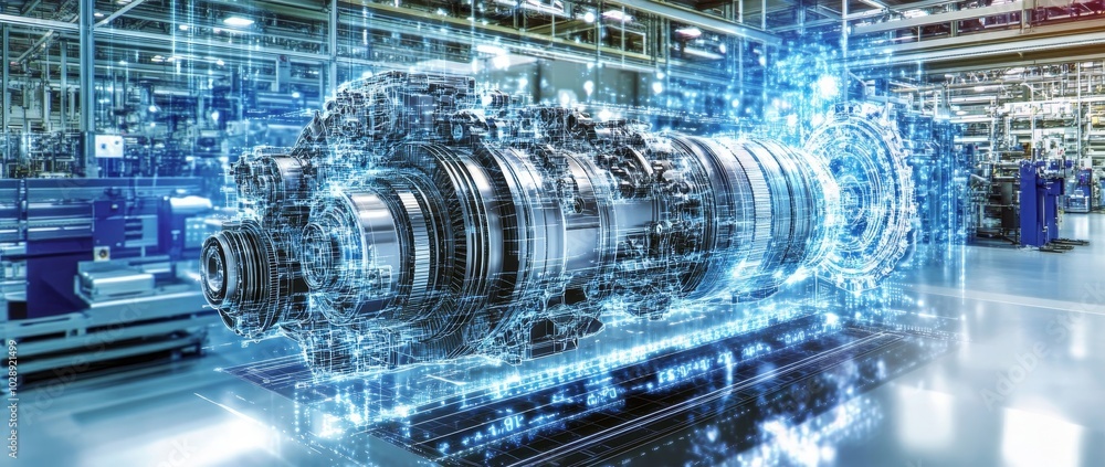 Poster CAD software mock-up showing design of a green energy turbine engine in 3D. VFX template for PC and laptop screens. 3D rendering.
