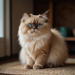 Obraz premium A fluffy, long-haired cat with piercing blue eyes sits on a woven mat, staring intently at the camera.