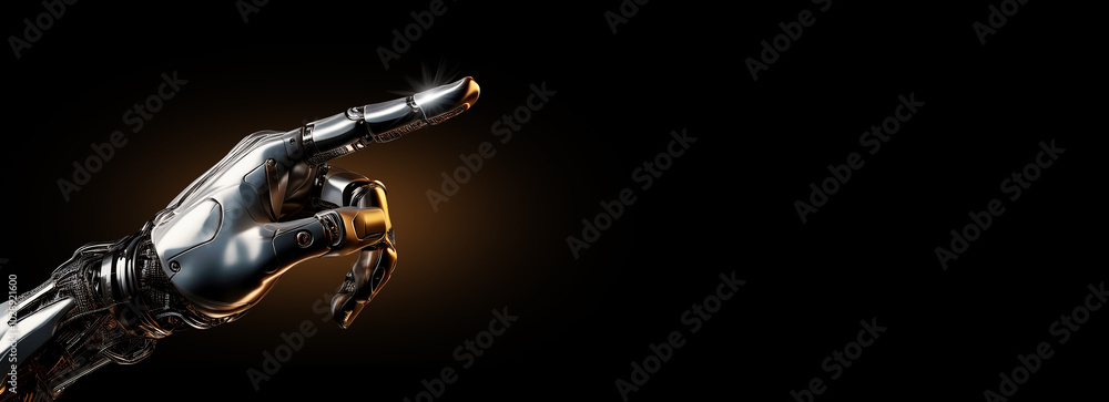 Poster extreme close-up of a humanoid robot hand pointing index finger on a black and golden background wit