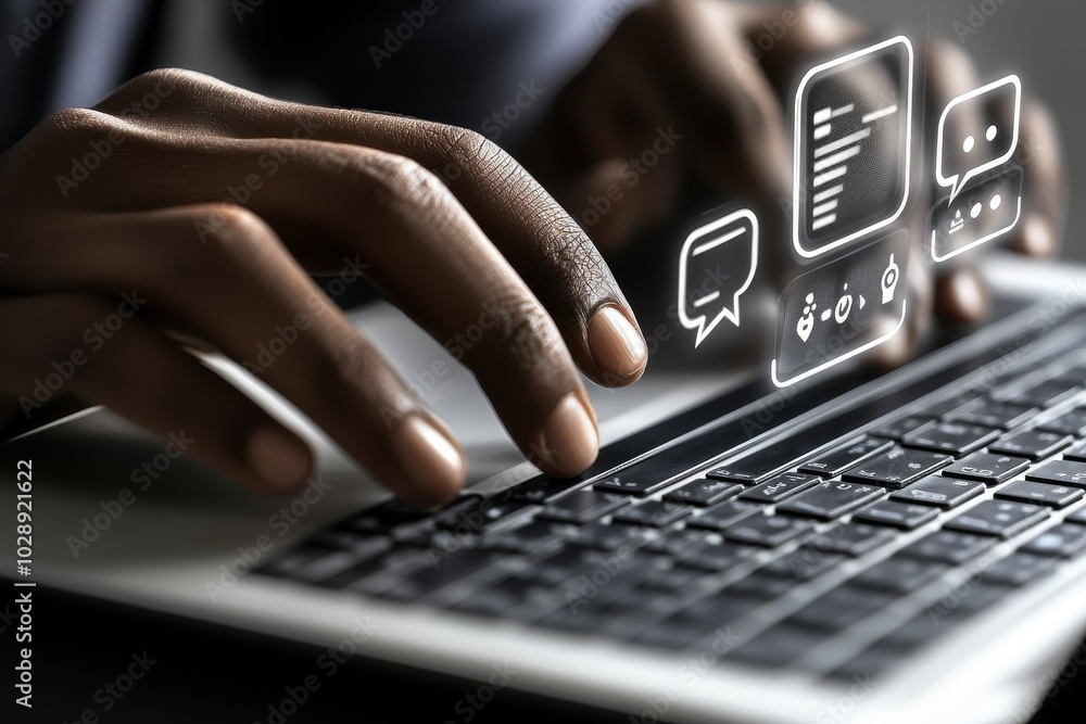 Poster an american businesswoman uses a laptop computer to speak with a chatbot, stock technology supports 